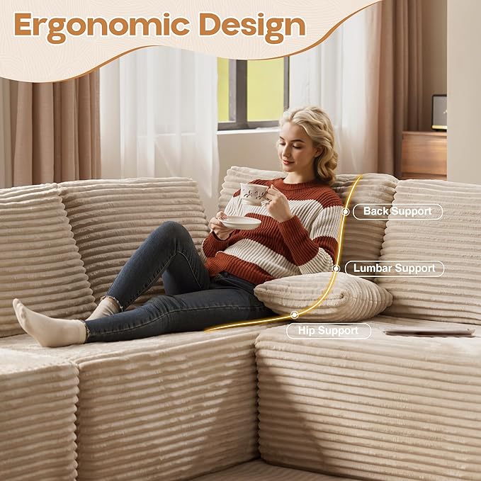 Cloud Sectional Couches for Living Room,G Shaped Modular Sofas No Assembly,135x133 Inches Plush Corduroy Oversized Floor Couch Set with Deep Seat Chaise,Beige