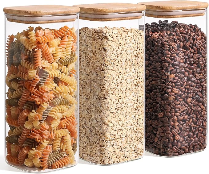 ComSaf 1.9 Qt Glass Storage Containers with Lids, Glass Jars with Lids, Clear Food Storage Jar, Square Canister Set of 3, Pantry Organizers and Storage for Flour Rice Pasta Tea Coffee Bean