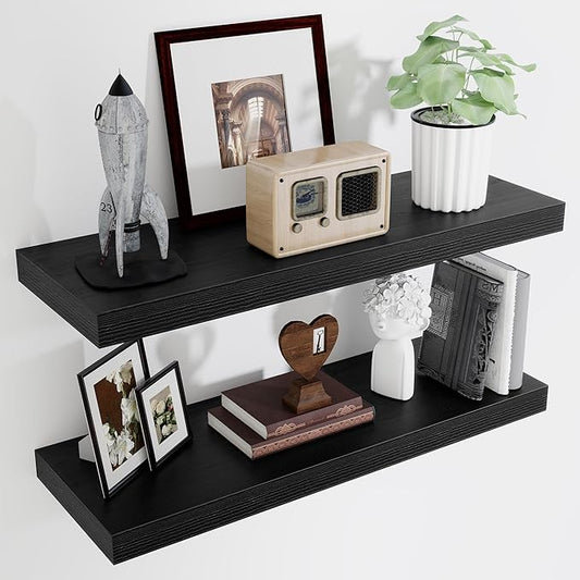 Fun Memories Floating Shelves for Wall, 32 Inch Long Floating Shelves Set of 2, 32 x 10 Wooden Shelves for Wall, Large Storage Shelves, Hanging Shelves for Bathroom Kitchen Bedroom, Black