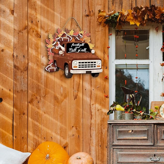 COLOR VALLEY ART Fall Pumpkin Welcome Sign Hello Fall Wood Hanging Decoration Autumn Wooden Signs Rustic Thanksgiving Decorative for Porch Home Wall Indoor Decor, 12.9L''x11.4W'' (Car)