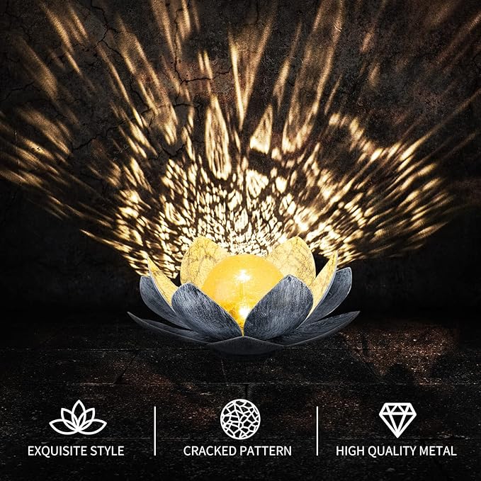 Garden Solar Light Outdoor(2Pack), Amber Crackle Globe Glass Lotus Decoration, Waterproof Gary Metal LED Flower Lights for Patio,Lawn,Walkway,Tabletop, Garden Gifts for Women