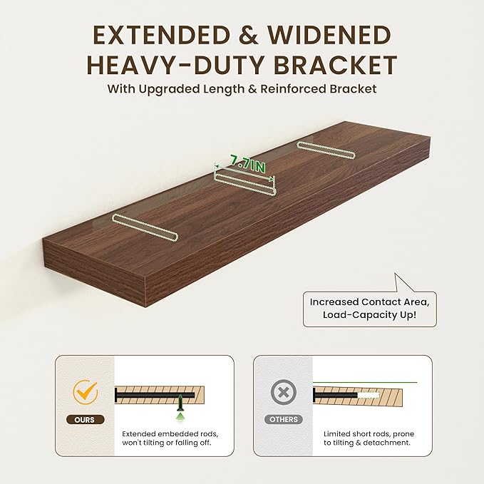 Deep Floating Shelves for Wall - 55 Inch Wide x 12 Inch Deep Wall Shelves Set of 1 - Rustic Walnut Color Wood Shelves for Living Room, Bathroom, Laundry Room, Bedroom, Kitchen, Home Office