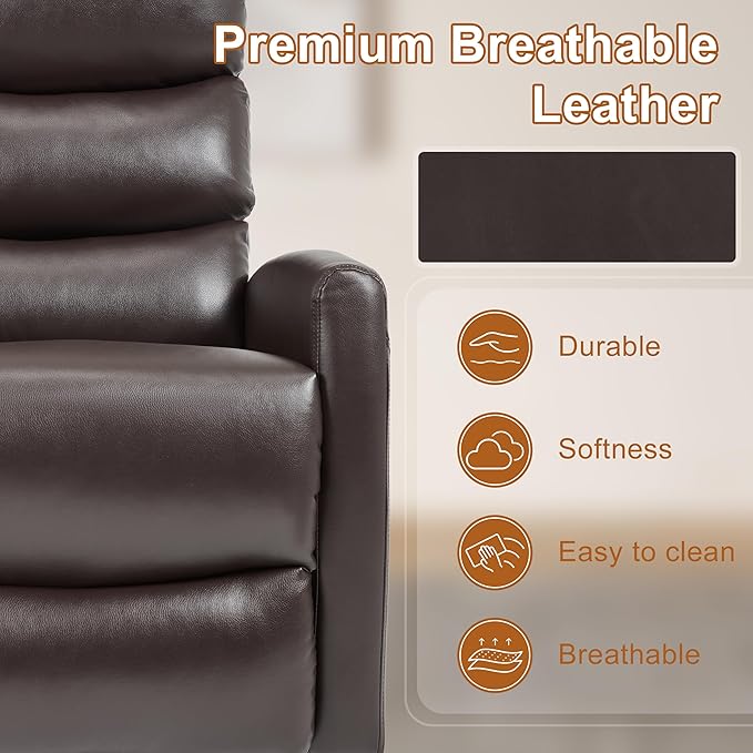 Manual Swivel Rocker Recliner Chair for Adults, Overstuffed Reclining Glider Chair for Nursing with Vibration Massage & Heat, Living Room Rocking Recliner 3-Stage backrest, Faux Leather Brown
