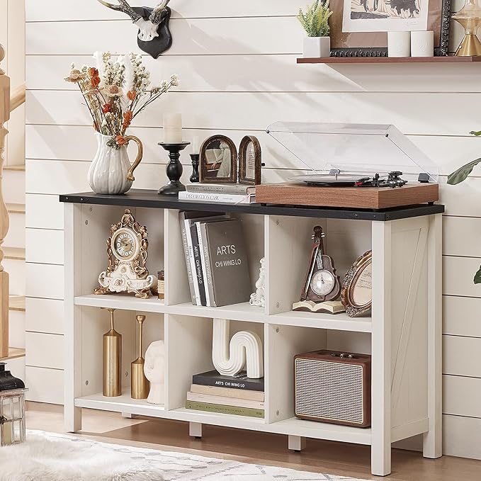 Farmhouse 6 Cube Bookshelf, Antique White & Black Wooden Storage Organizer Book Shelf, 47" Cubby Hallway Bookcase, Kids Toy Storage Cabinet, Modern Open Book Case for Living Room, Playroom