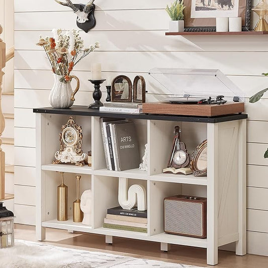 Farmhouse 6 Cube Bookshelf, Antique White & Black Wooden Storage Organizer Book Shelf, 47" Cubby Hallway Bookcase, Kids Toy Storage Cabinet, Modern Open Book Case for Living Room, Playroom