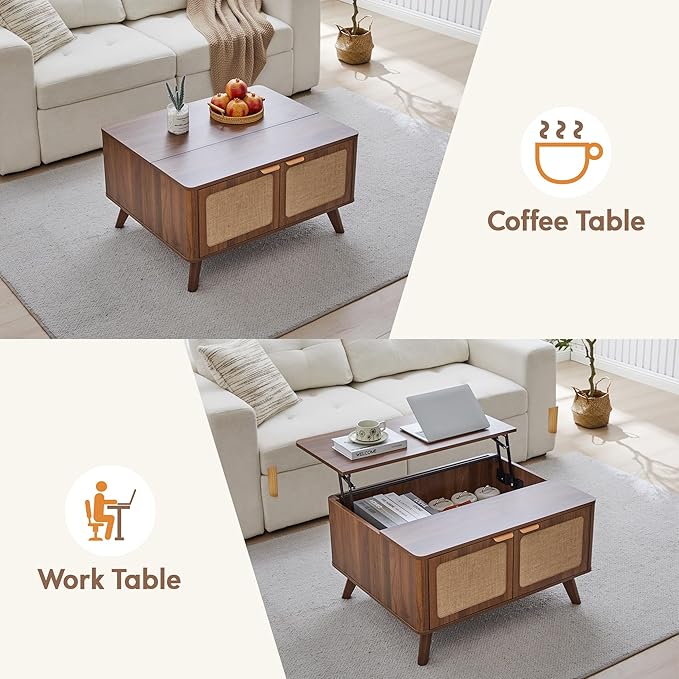 AVZEAR Lift Top Coffee Table with Storage, Mid Century Modern Coffee Table with Nature Linen Doors & Large Hidden Storage, Rounded Corners Center Table Farmhouse Coffee Tables for Living Room, Walnut