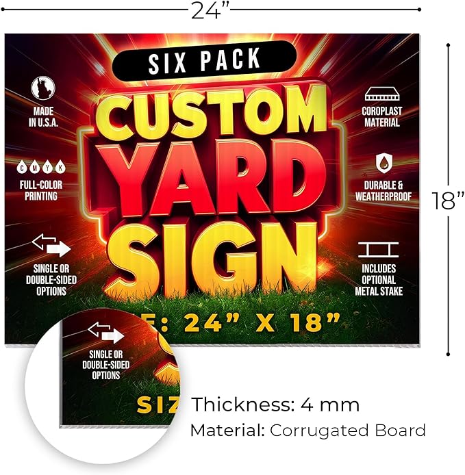 6 Pack 24"x18" Custom Yard Signs With or Without Stakes, Personalized Yard Signs for Outdoors, Customized Full Color Print Corrugated Signs for Business