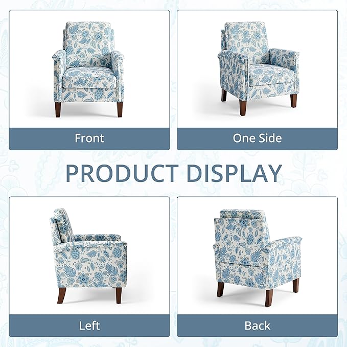 Floral Accent Chair, High Back Upholstered Armchair with Solid Wooden Legs, Padded Armrest and Removable Comfortable Cushioned Seat Single Sofa for Living Room, Bedroom, Blue