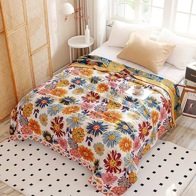 Boho Muslin Blanket for Adults 4-Layer Gauze 80 x 90 Inches Soft Cozy 100% Cotton Summer Cooling Blanket Floral Decor for Sofa Bed Coverlet Both Sides (Daisy Floral, 80 x 90 in)