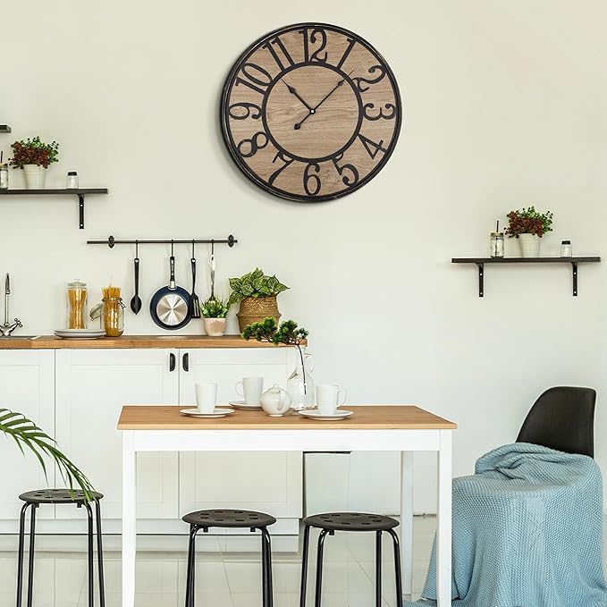 Large Wall Clock for Living Room Decor - Non-Ticking, Silent, Battery Operated Modern Vintage Wood Clock - Oversized Decorative for Bedroom, Kitchen, Farmhouse, Office