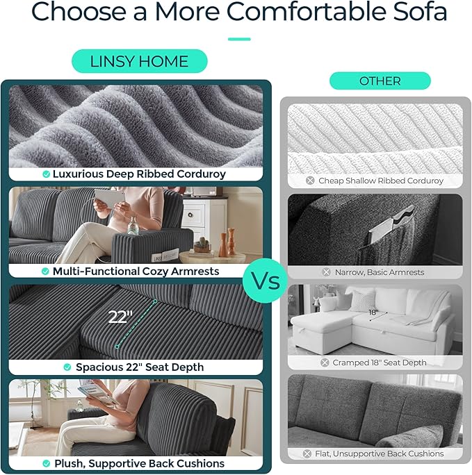 LINSY HOME Sectional Sleeper Sofa with Pull Out Couch Bed - Convertible Plush Corduroy Cloud Couch with Storage Chaise & USB Charging, Comfy Modular Couches for Living Room, Grey