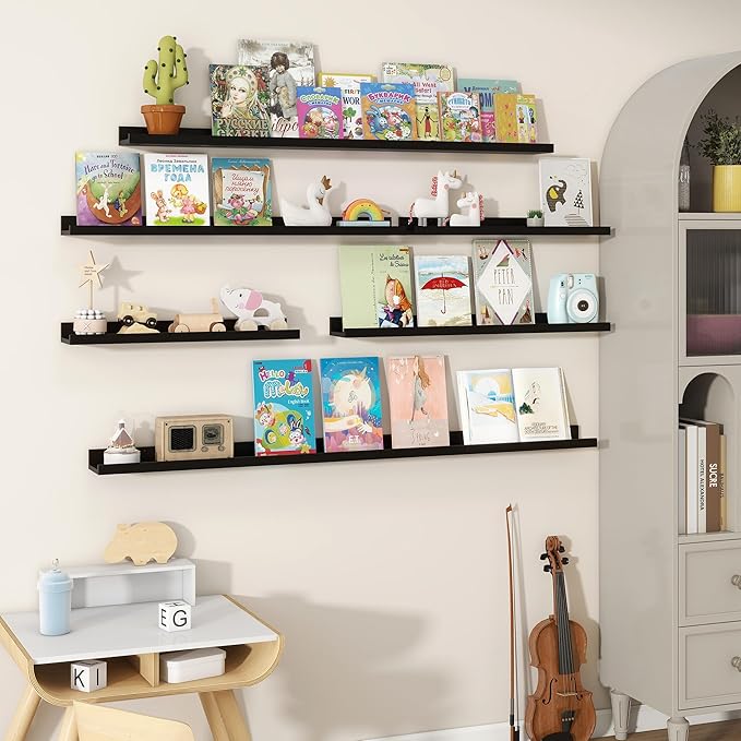 Fun Memories Picture Ledge Shelves Set of 2, 32 Inch Rustic Wall Mounted Floating Shelves with Lip for Home Storage and Décor in Bathroom, Kitchen, Nursery, Bedroom, Living Room, Black