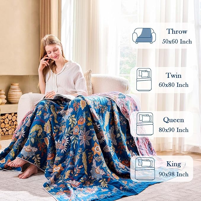 Fall Throw Blanket for Couch, Blue Boho Decorative Throw Blanket, 100% Cotton Muslin Breathable Woven Farmhouse Blankets Quilt, 50"x60" Reversible Lightweight Blankets Bohemian Throw Quilt