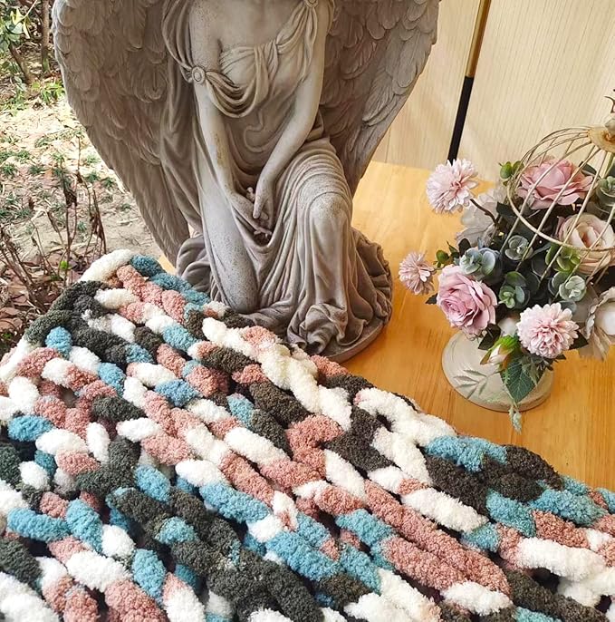 DDL&HEXI Chunky Chenille Blanket 100% Hand Knit with Jumbo Chenille Yarn (50"x60") Super Soft Large Throw Bed Blanket for Couch, Sofa, Home Decor - Machine Washable (02)