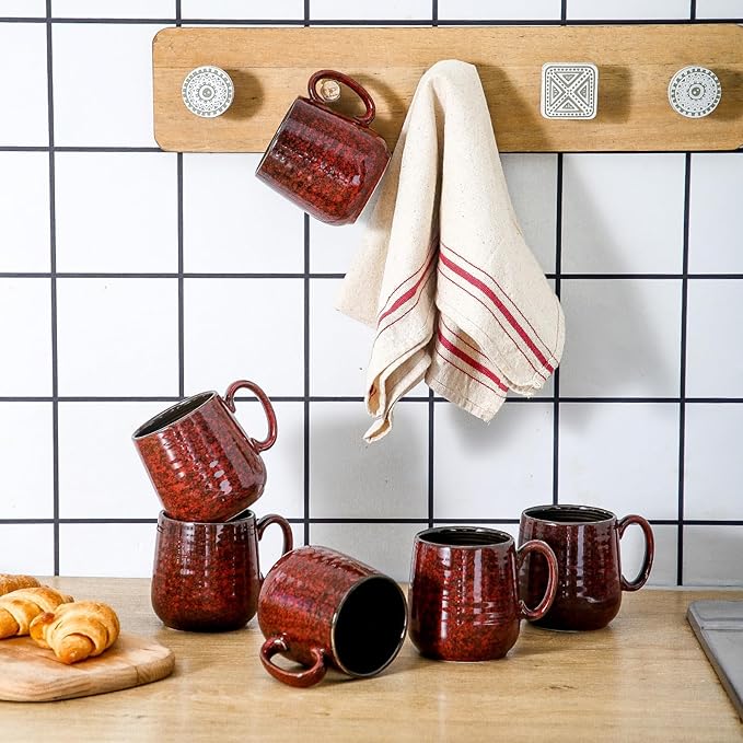 Hasense Coffee Mugs 8 oz, Ceramic Small Espresso Cups Set of 6, Mini Cups with Handle for Coffee, Tea and Cocoa, Modern Mugs for Mother's Day Gift, Dishwasher & Microwave Safe, Red