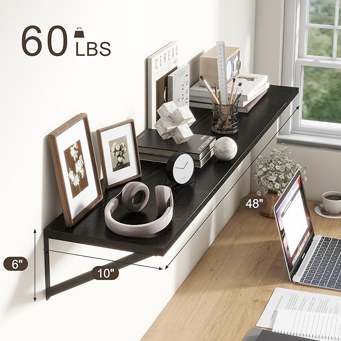 Floating Shelves 48 Inch Long, 10" Deep Floating Shelves, Black Wall Shelves 48 x 10, Set of 2, Wide Large Display Storage Shelves for Bathroom, Living Room, Rustic Wood Shelves with Brackets