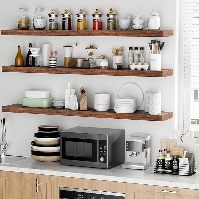 Fun Memories 55 Inch Floating Shelves - 9 Inch Deep Rustic Wooden Wall Shelves - Extra Deeper & Thicker Wall Mounted Storage Shelf for Living Room, Kitchen, Farmhouse - 55" W x 9" D x 1.8" H - Brown