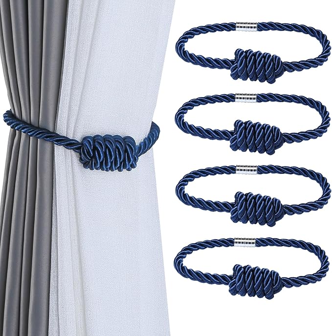 Fenghuangwu 4Pack Magnetic Curtain Tiebacks – Bohemian Style Handmade Woven Tie-Backs for Drapes,Elegant Exquisite Knot Holdbacks,Outdoor Boho & Modern Home Decor(Navy)