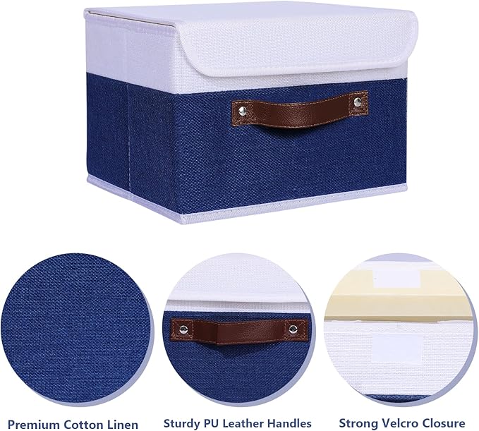 ANMINY 4PCS Storage Boxes with Lid Washable Decorative Storage Bin Basket with PU Leather Handle Foldable Linen Fabric Storage Cube Container for Home Closet Organizer - Deep Blue White, Small Size