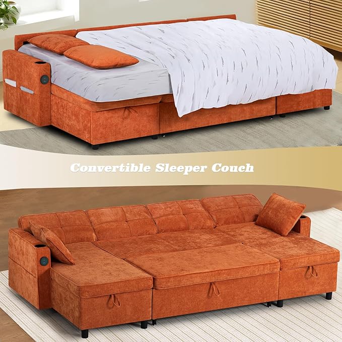 ACMEASE110“ Inches L-Shaped Pull Out Sofa Bed w/Storage Chaise & Adjustable Back, Chenille Sectional Sofa w/USB Port,Tufted Sleeper Couch w/Cup Holders for Living Room, Orange