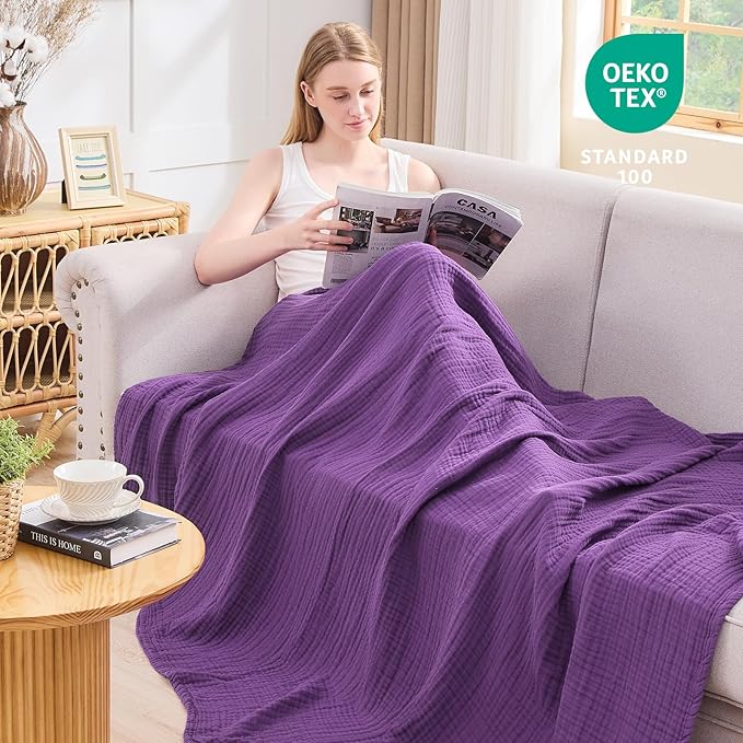 EMME Cotton Muslin Large Throw Blanket Couch Breathable Gauze Blanket Soft Lightweight Bed Blankets Adults (Purple, 50"x70")