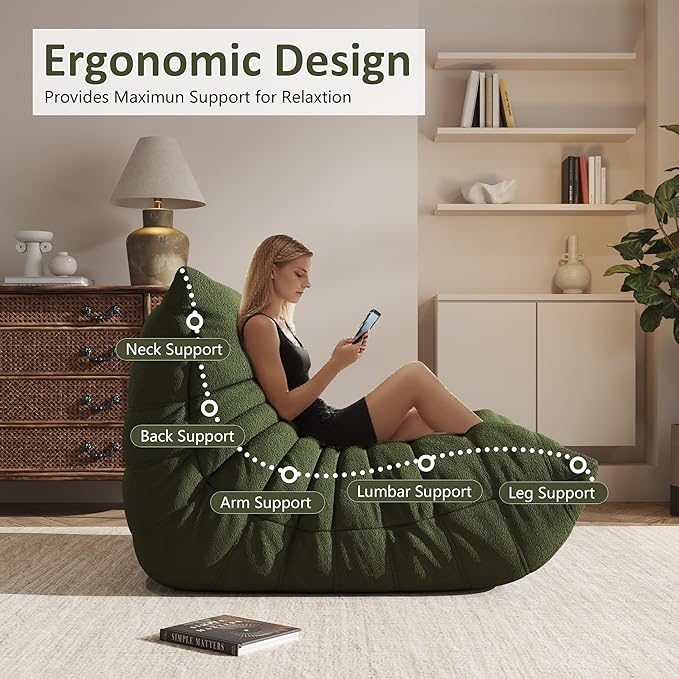 Bean Bag Chair, Oversized Bean Bag Chair for living Room, Fireside Chair for adults with Memory Foam Filled, Big Accent Sofa Lounge Floor Sofa for Gaming, Reading, Relax, No Assembly Required. (Green)