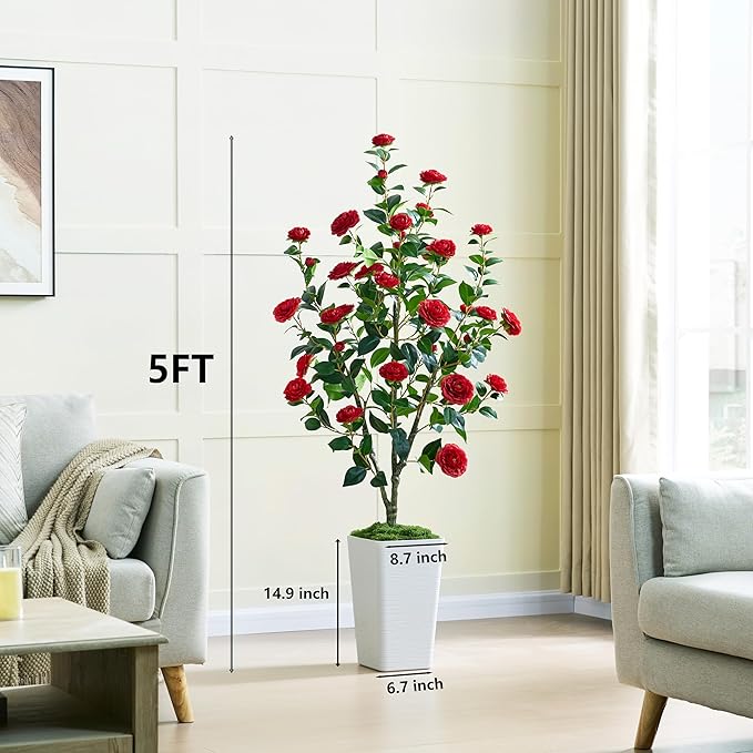 Artificial Camellia Tree 5FT Faux Trees Indoor Fake Floral Plant Blooming Tree with Red Flowers & White Tall Planter, Faux Camellia Plants for Porch Home Room Bedroom Office Front Door Outdoor Decor