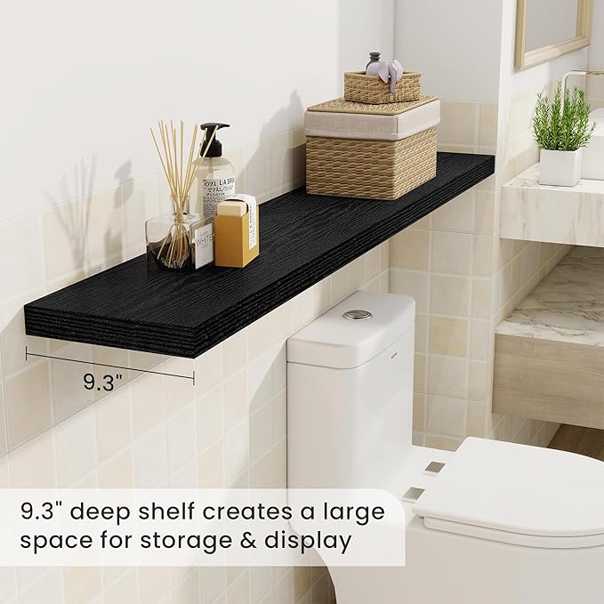 Fun Memories 55 Inch Fireplace Mantel Shelf -Long Floating Shelves, Deep Wall Mounted Farmhouse Display Shelves with Invisible Heavy Duty Metal Bracket, Black, 2 Pack