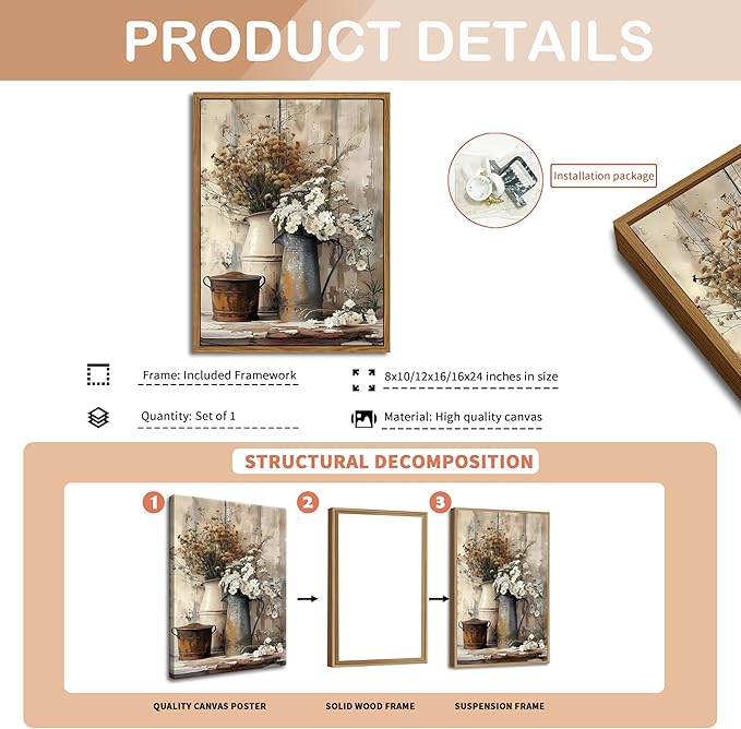 Floating Framed Farmhouse Vintage Canvas Wall Art, Country Floral Daisy Pictures Wall Decor, Wood Grain Art Paintings Poster for Living Room Bedroom Bathroom Rustic Decor 8x10 inch
