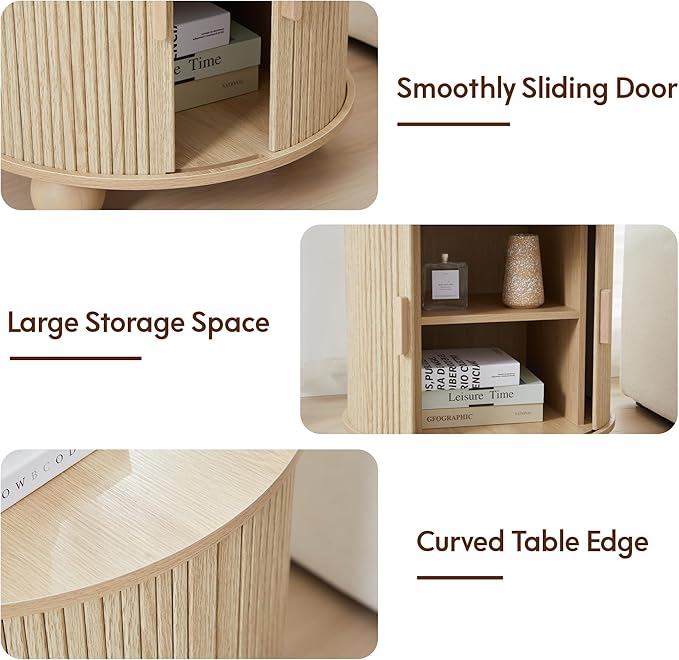 AVZEAR 24" Large Round End Table with Charging Station, Farmhouse Fluted Sofa Side Table with Sliding Tambour Door & Storage, Mid-Century Wood Nightstand for Living Room, Bedroom, Natural