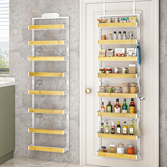 bukfen Over the Door Pantry Organizer 8-Tier Adjustable Basket Kitchen Pantry Door Organization and Storage, 2 in 1 Wall Mount or Hanging Heavy-Duty Metal Hanging Kitchen Spice Rack