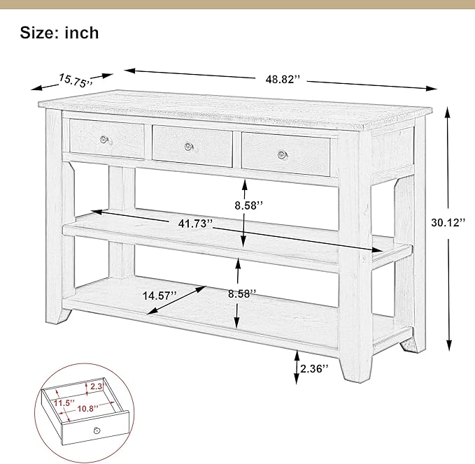 Farmhouse Wood Entryway Console Table 48-Inch Modern Sofa Entry Table with Drawers and Storage Shelves for Entrance Living Room (Antique White)