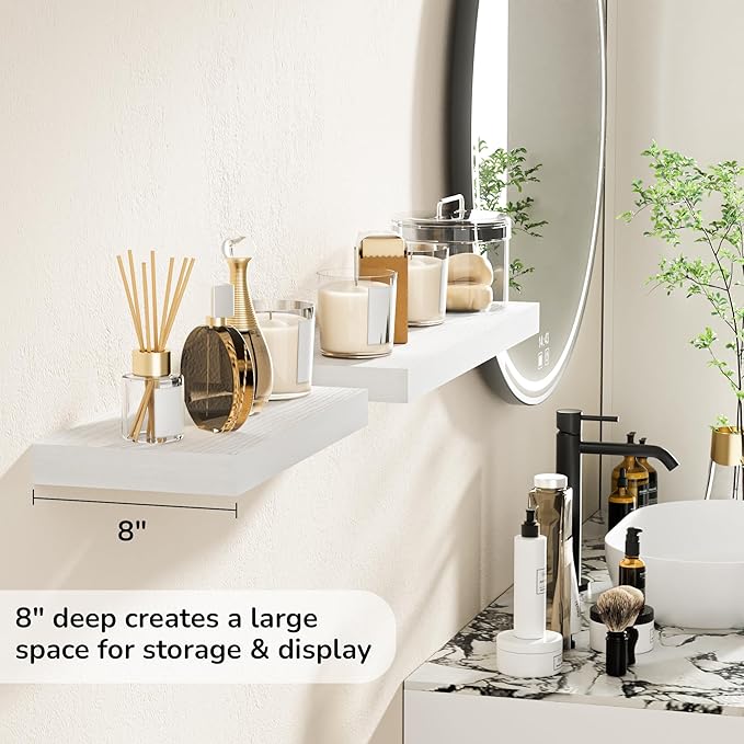 Fun Memories 16 Inch Floating Shelves - Deep Rustic White Wooden Wall Shelves - Extra Deeper & Thicker Wall Mounted Storage Shelf for Bedroom, Kitchen, Farmhouse - 2 Pack, Rustic White