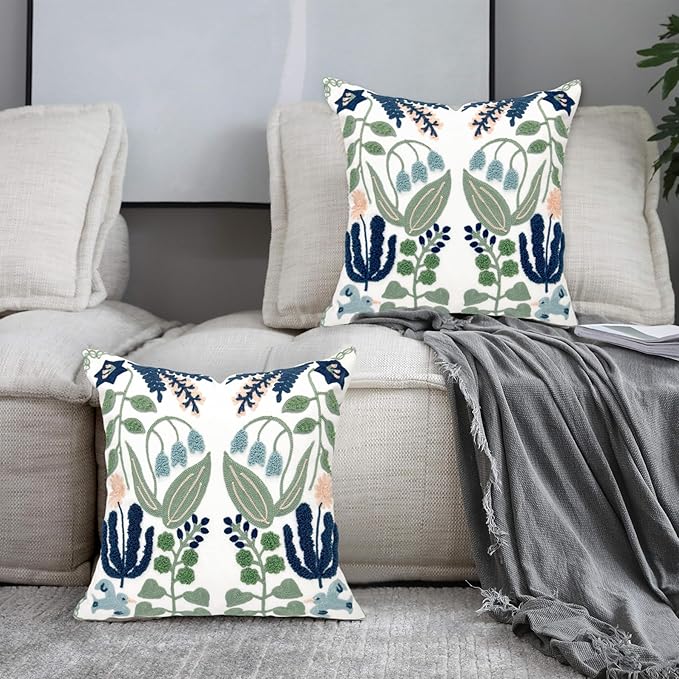 Alysheer Summer Floral Embroidered Decorative Throw Pillow Covers 18"x 18" Set of 2, Farmhouse Navy Blue Flowers Green Leaves Tufted Patterned Cotton Cushion Cases for Couch Bed Living Room Decor