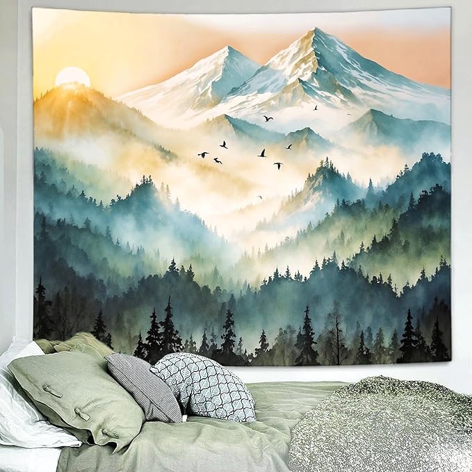 Delur Mountain Tapestry Boho Misty Sunset Forest Tree Tapestry Wall Hanging Sunrise Nature Landscape Psychedelic Headboard for Bedroom Living Room Home Decor (51.2" x 59.1")