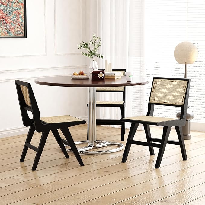 Accent Chair Dining Chairs Set of 2, Solid Wood Frame Boho Rattan Chair, Mid Century Modern Accent Chairs for Living Room Bedroom Dining Room Kitchen(Black)