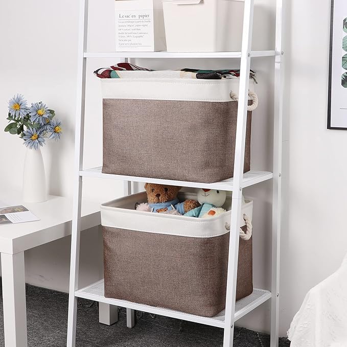 Bidtakay Large Storage Baskets with Handles for Organizing 16" x 11.8" x 11.8" Rustic Shelf Baskets [2-Pack] Foldable Clothes Baskets Fabric Collapsible Bins for Closet (White&Earthy Brown)