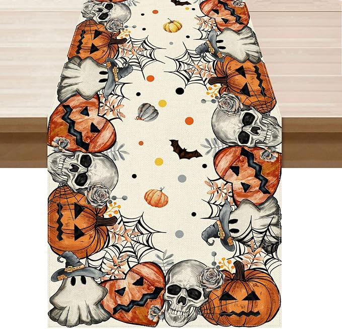XCHI Spooky Skeleton Ghost Pumpkin Halloween Table Runner Party Table Decoration for Home Kitchen Dining Holiday Decor 13x36 Inch
