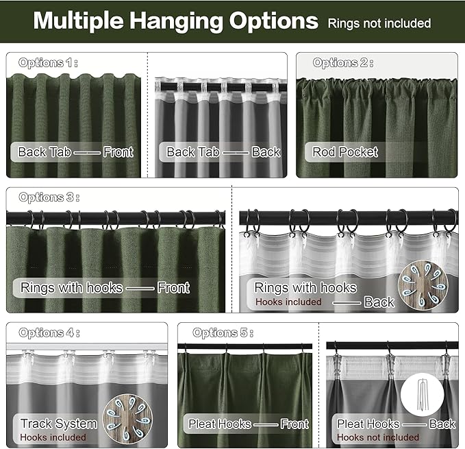 RAIN CITY 90 Inch Long Linen Blackout Curtains 2 Panels Set, Back Tab Pinch Pleated with Hooks, Thermal Insulated Modern Neutral Decor Window Curtain Drapes for Bedroom,- Loden/Olive Forest W50 x L90
