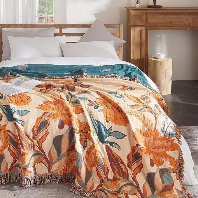 Boho Throw Blanket for Couch Sofa Bed, 100% Cotton Woven Quilt with Tassel 60”x80”, Super Soft Muslin Blanket with Floral Printed, Decorative Reversible Bed Blanket/Cover for All Seasons