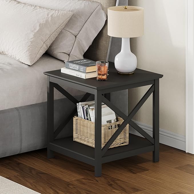 ChooChoo End Table, 24 Inch End Table with 2-Tier Storage Shelf, Side Table for Living Room, Wood Nightstand for Bedroom, Office, Painted Surface, Black