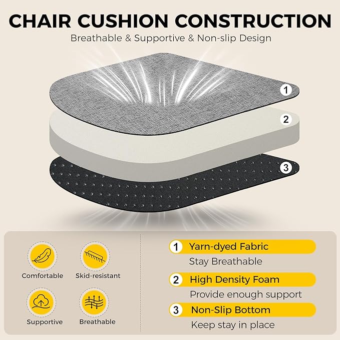 downluxe Indoor Chair Cushions for Dining Chairs, Soft and Comfortable Textured Foam Kitchen Chair Pads with Ties and Non-Slip Backing, 16" x 16" x 2", Dark Grey, 6 Pack
