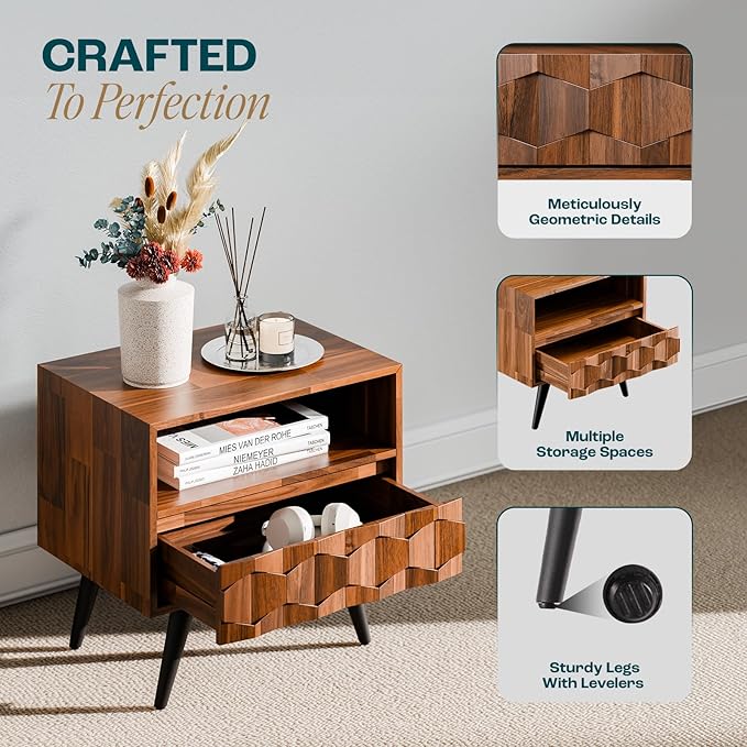Bme Georgina Solid Wood Nightstand with 1 Drawer & Open Shelf- Fully Assembled Mid Century Modern Side Table - Geometric Pattern Bedside Dresser for Bedroom and Living Room, Dark Chocolate