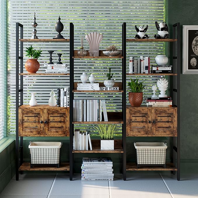 IRONCK Industrial Bookshelf and Bookcase with 2 Louvered Doors 5 Tiers Triple Wide Display Shelf with Storage Cabinet for Living Room Home Office