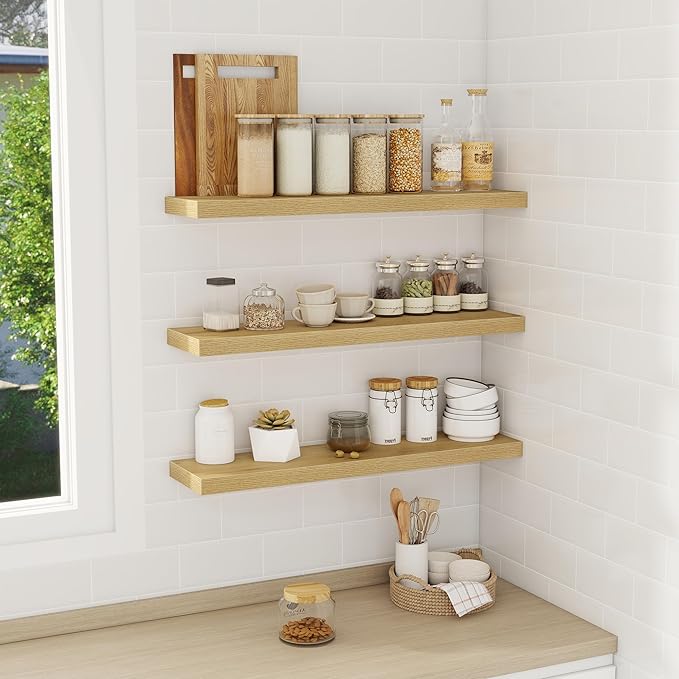 Floating Shelves Wall Shelf 30 Inch Long, Rustic Wood Bathroom Shelves 30 Inch, Farmhouse Home Decor Kitchen Living Room Bedroom Shelves Wall Mounted, 30 x 6.7 x 1.4 Inch, Set of 3, Oak Color