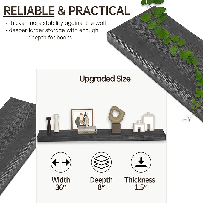 Floating Shelves for Wall, USA-Sourced Fir Wood 36 Inch Wall Shelves Set of 2, Natural Rustic Solid Wooden Floating Shelves Wall Mounted, Nursery Book Storage Shelf, Display Shelf for Bathroom