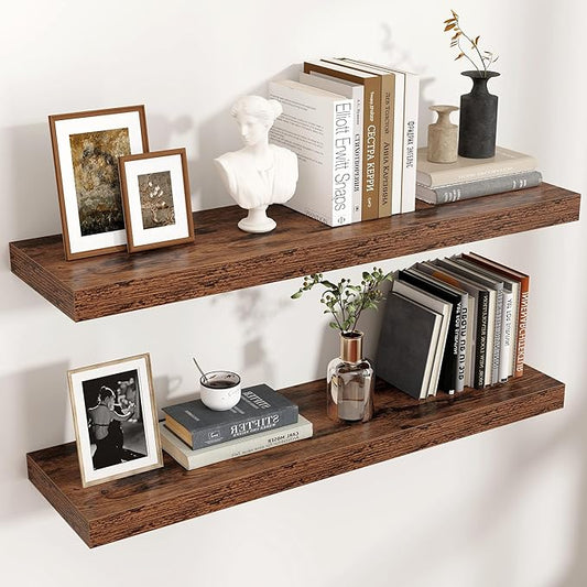Floating Shelves - 2 Large Wall Mounted Shelves with Invisible Brackets, Long Wood Floating Wall Shelf for Living Room, Bedroom, Kitchen (Brown, 36" W x 9" D x 1.5" H)