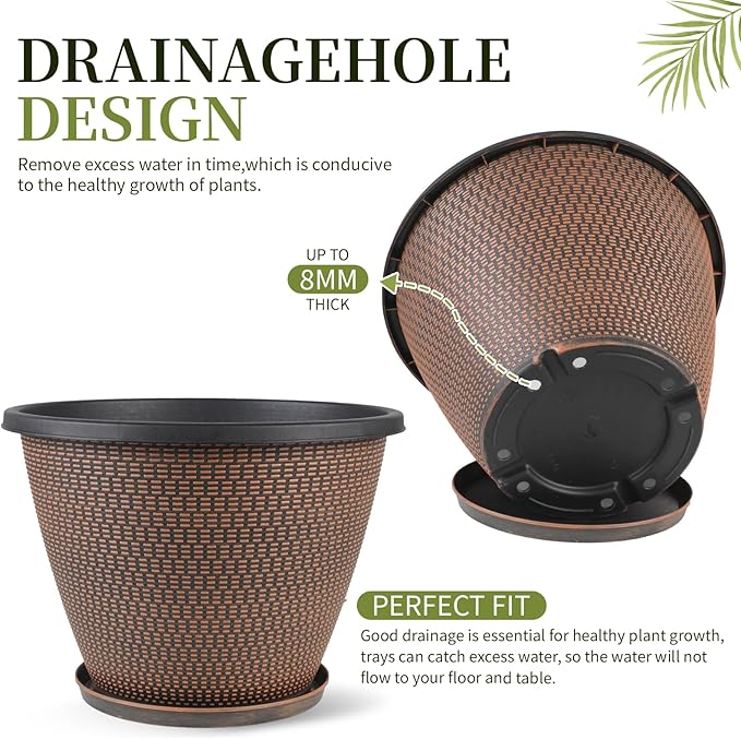 4 Pack 8 inch Plant Pot, Plastic Pots for Plants Indoor, Round Planters for Outdoor Plants with Drainage Holes & Trays, Decorative Flower Pots Garden Containers Sets for Houseplants (Black Copper)