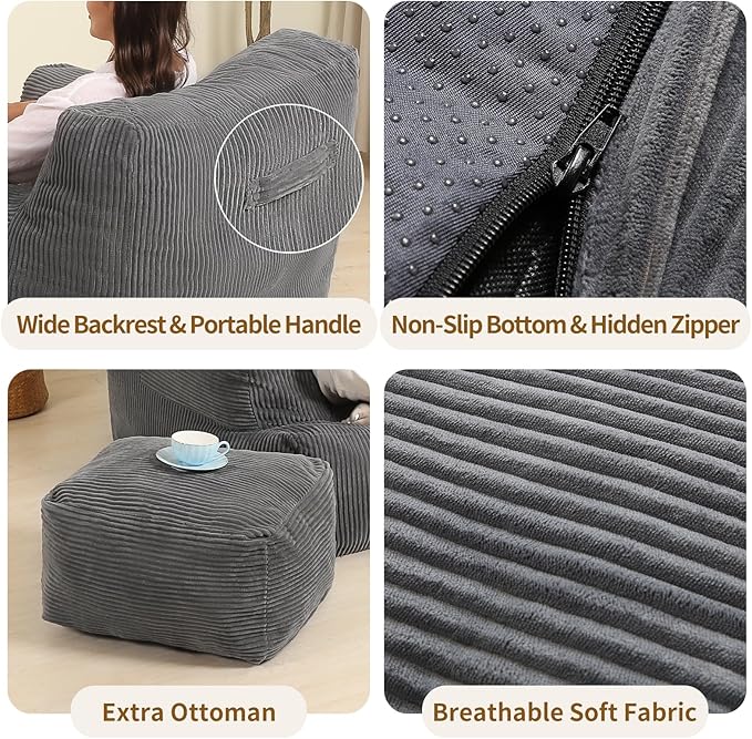 Comfy Gaint Bean Bag Chair with Ottoman, Huge Bean Bag Armchair for Adults and Teens, Dark Grey