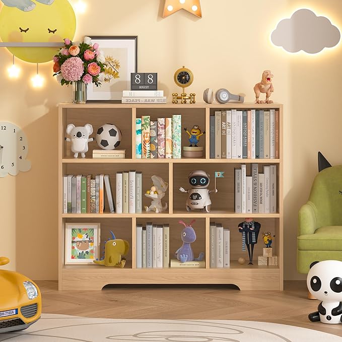 Book Shelf, 8 Cubes Storage Organizer, 3-Tier Open Shelf Wooden Bookcase, Freestanding Log Bookshelf Cube Shelf for Bedroom, Living Room, Home Office